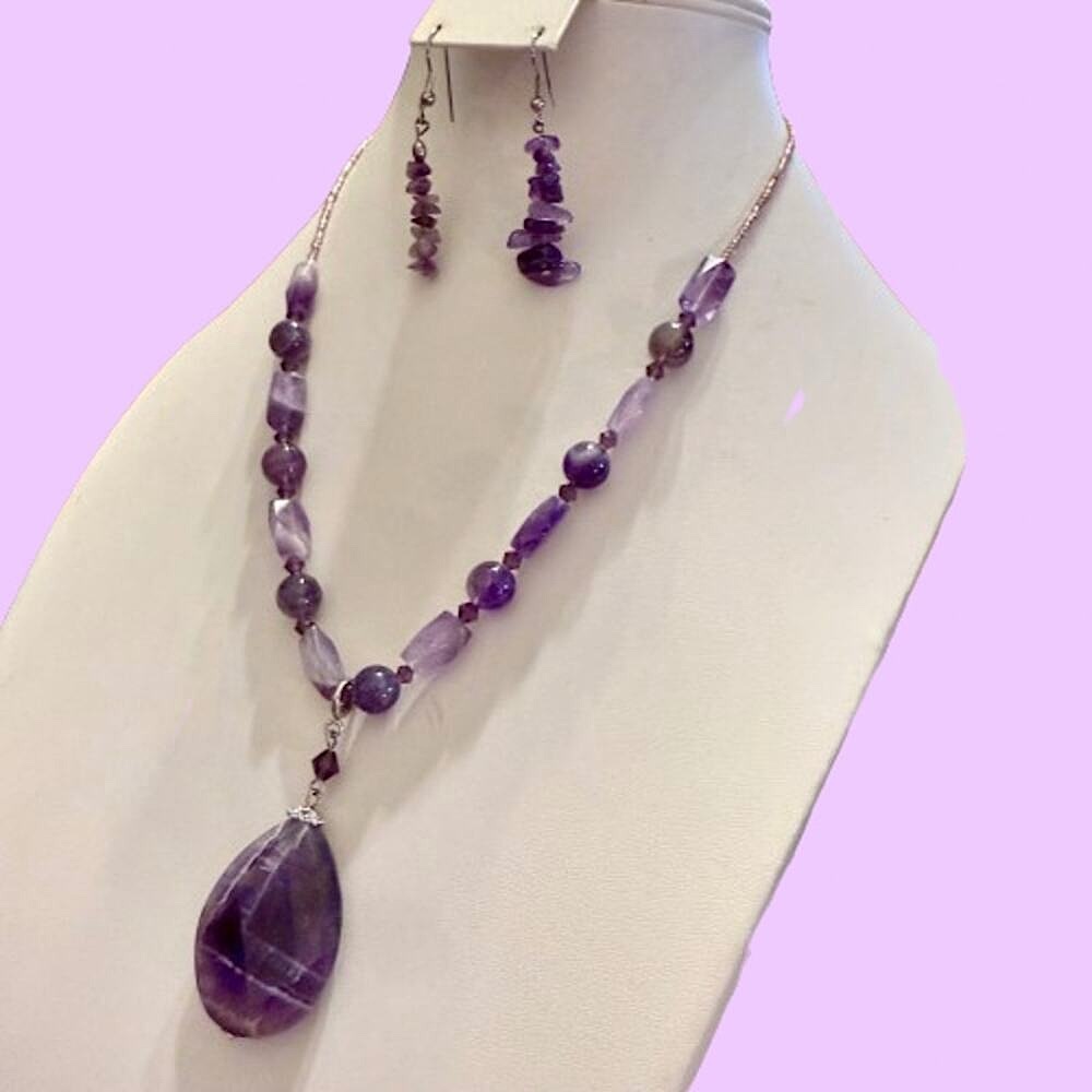 Faceted Amethyst Beaded Pendant Dangly Earrings Jewelry Set